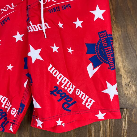 Pabst Blue Ribbon Mens Shorts Red White Blue Star Swim Surf Beach Trunks Small - Picture 5 of 14
